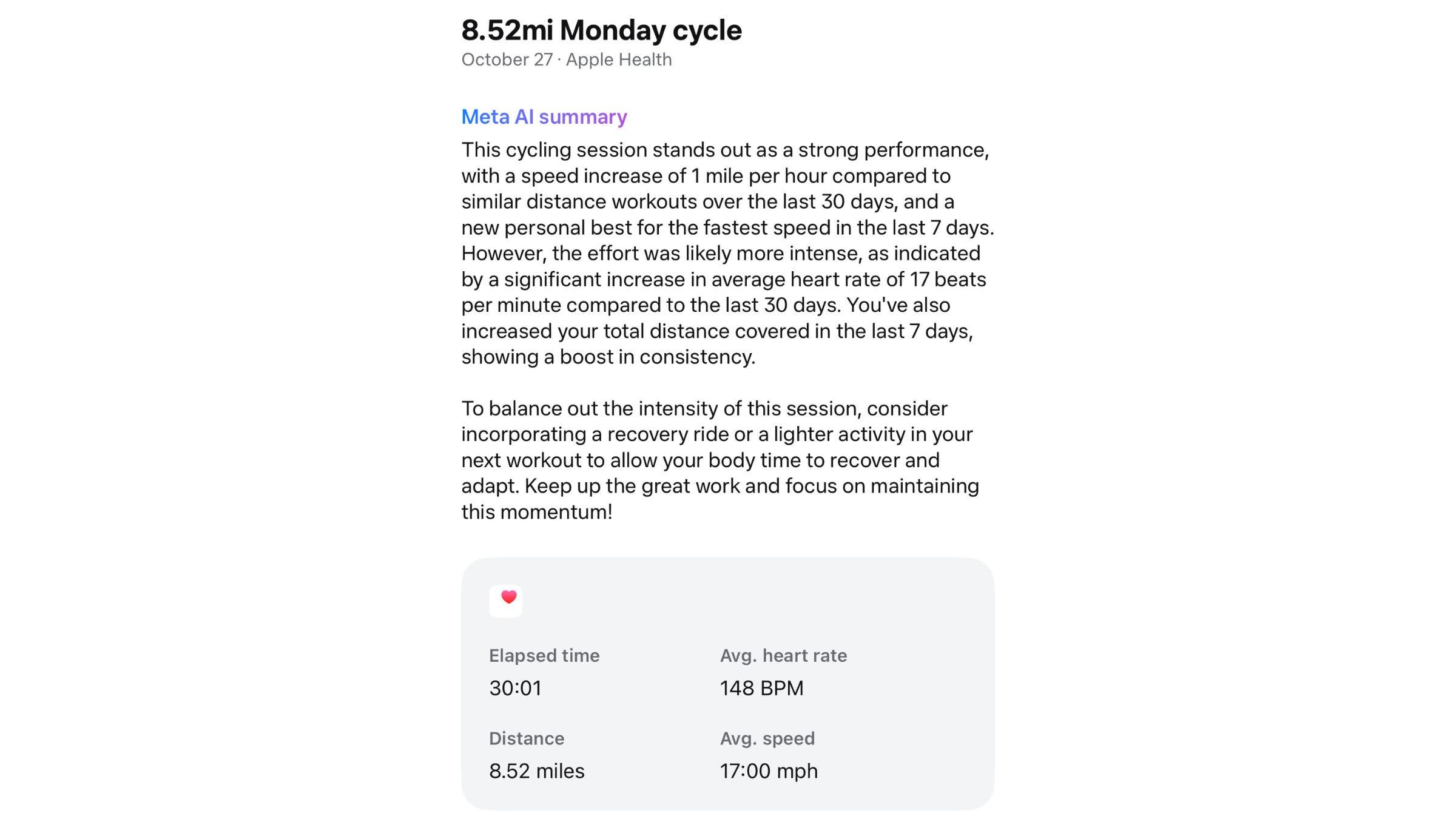 Meta AI recap of a recent ride