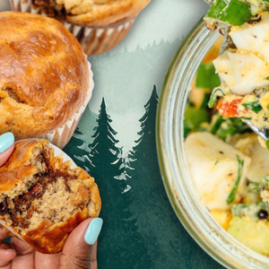 muffins and egg salad on an outdoor forest background