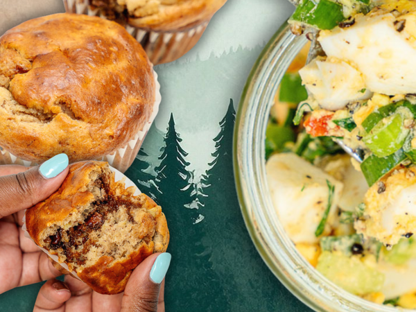 muffins and egg salad on an outdoor forest background