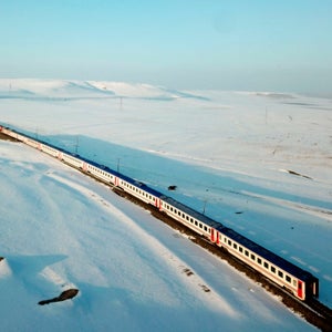 Dogu Express traveling through a snowy landscape