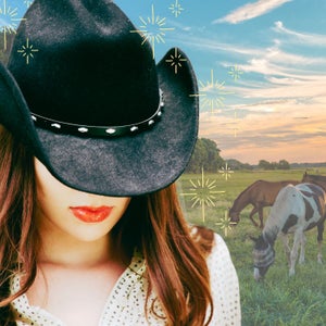 fancy cowgirl with horses in back