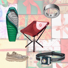Outside editors favorite gear to gift on a background of wrapped presents