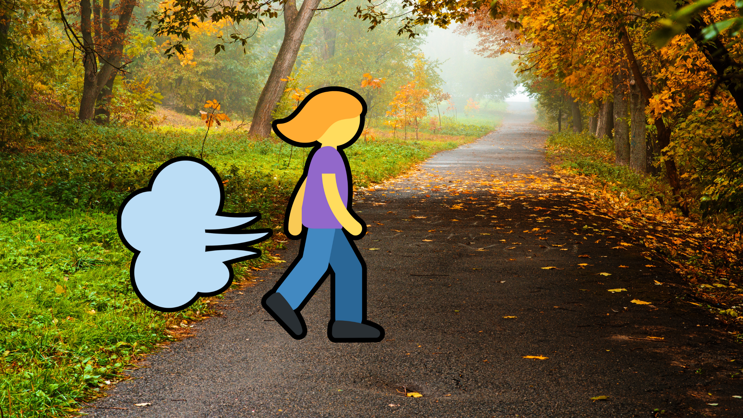 illustration of an emoji of a person taking a walk on a fall day down a path and releasing gas during a fart walk