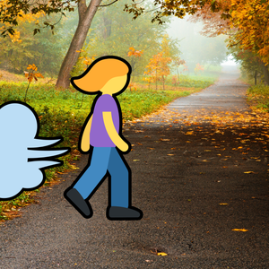 illustration of an emoji of a person taking a walk on a fall day down a path and releasing gas during a fart walk