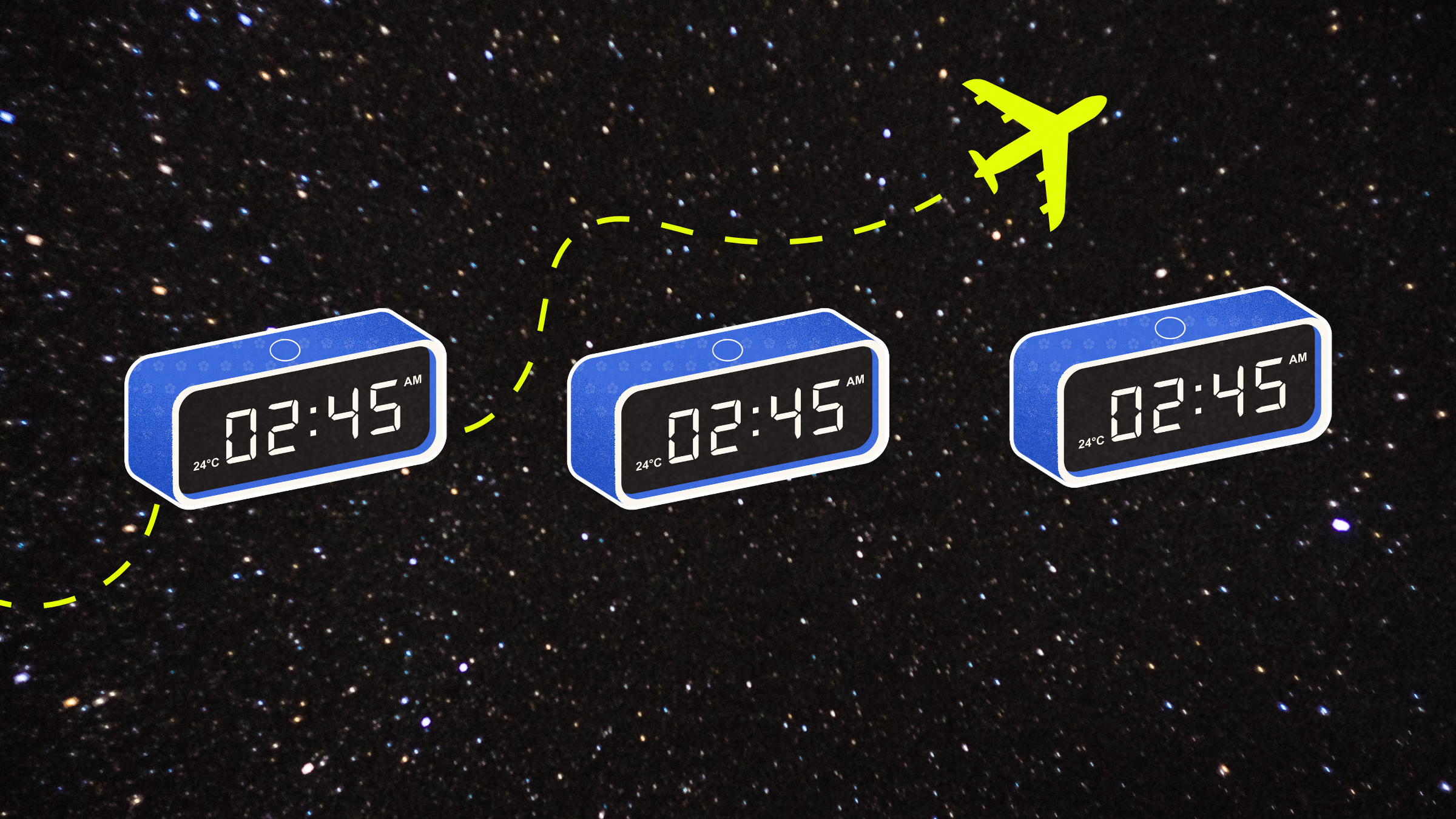 alarm clocks on a night sky background with a chartreuse plane flying behind them