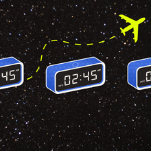 alarm clocks on a night sky background with a chartreuse plane flying behind them