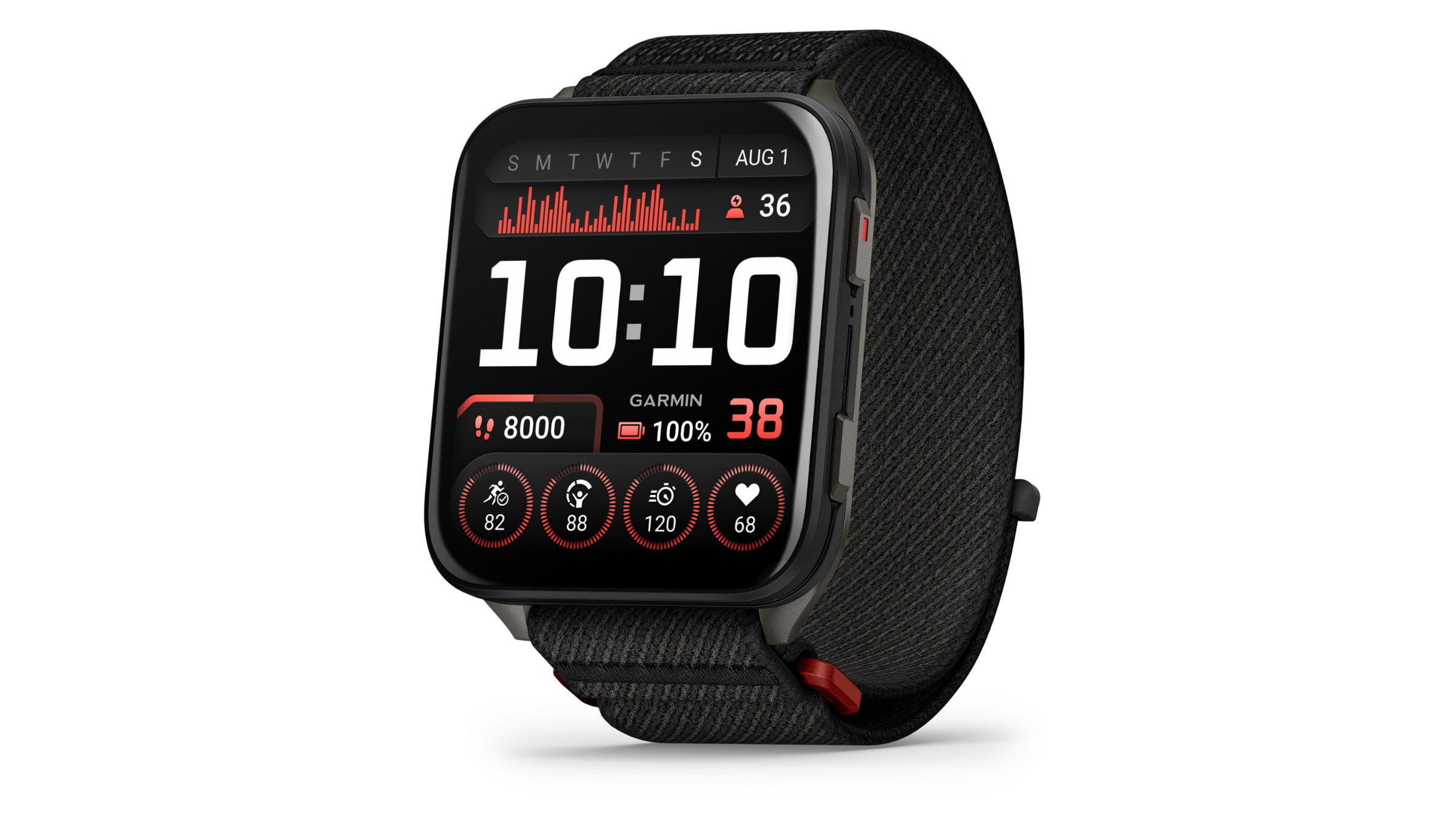 black Garmin Venu X1 smartwatch displaying time on white background