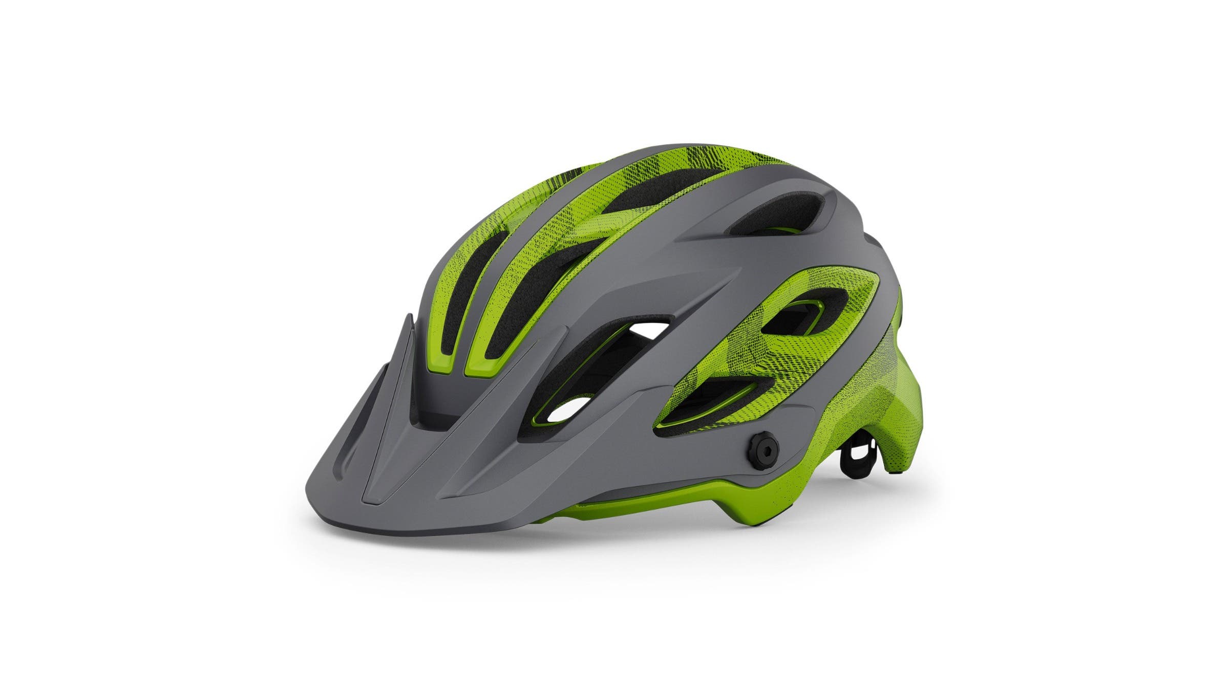 grey and green bike helmet on a white background