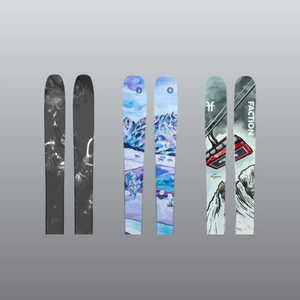 Limited edition Atomic, Blizzard, and Faction skis on black gradient background