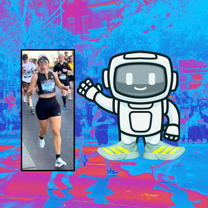 Kristen Geil running the Berlin Marathon in Adidas running shoes next to a graphic of a friendly robot wearing Adidas super shoes, atop a pink and blue wavy image of runners
