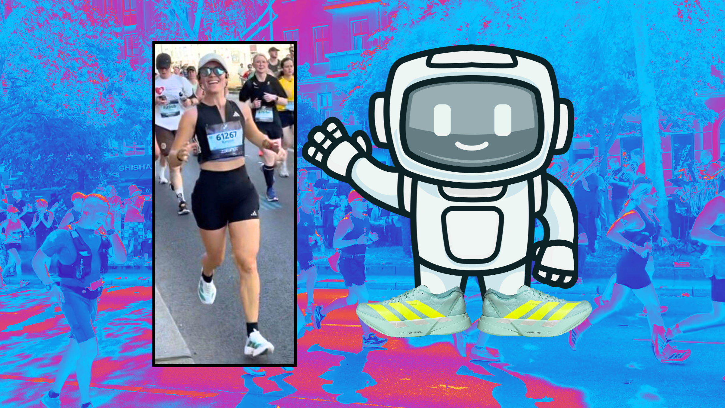 Kristen Geil running the Berlin Marathon in Adidas running shoes next to a graphic of a friendly robot wearing Adidas super shoes, atop a pink and blue wavy image of runners