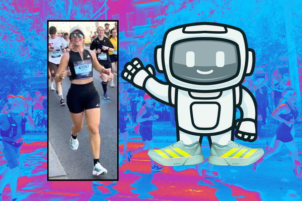 Kristen Geil running the Berlin Marathon in Adidas running shoes next to a graphic of a friendly robot wearing Adidas super shoes, atop a pink and blue wavy image of runners