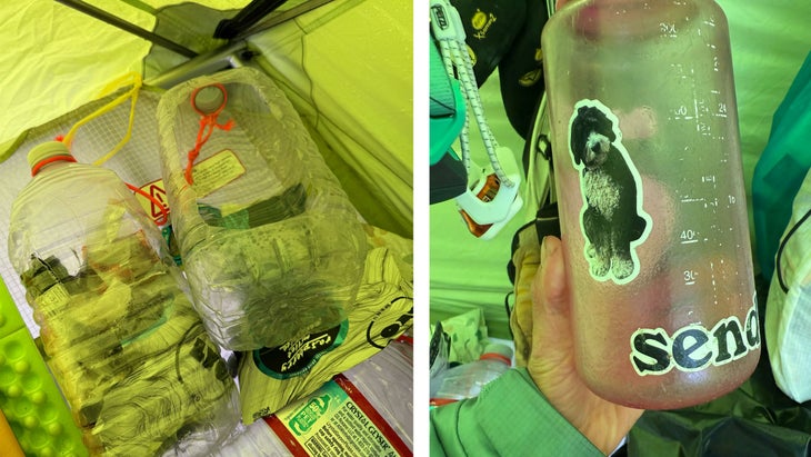 Left: Pee trough and garbage bin; right: A reminder of Sasha's good boy Moose