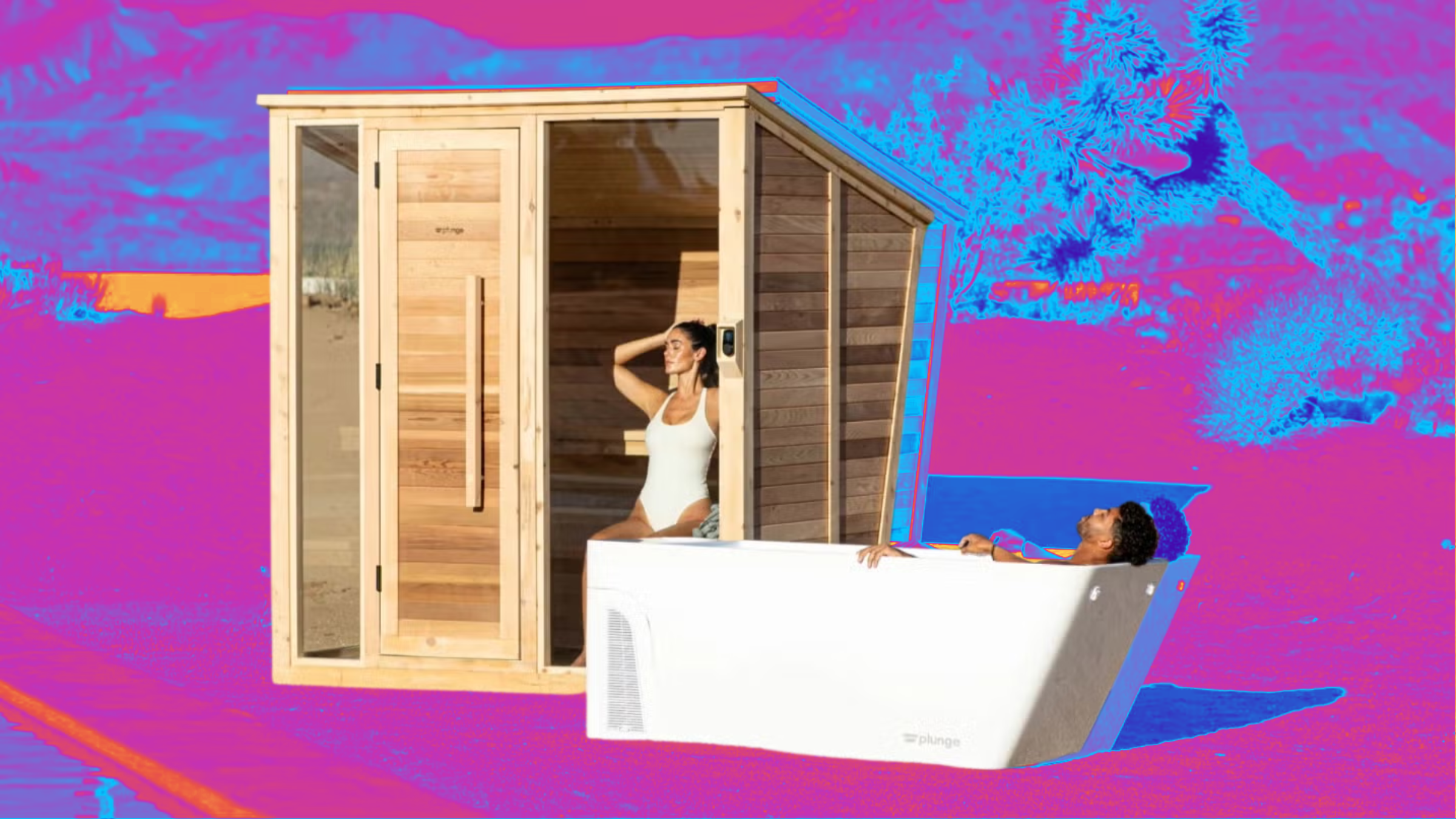plunge sauna and cold tub in the desert on magenta and neon blue background