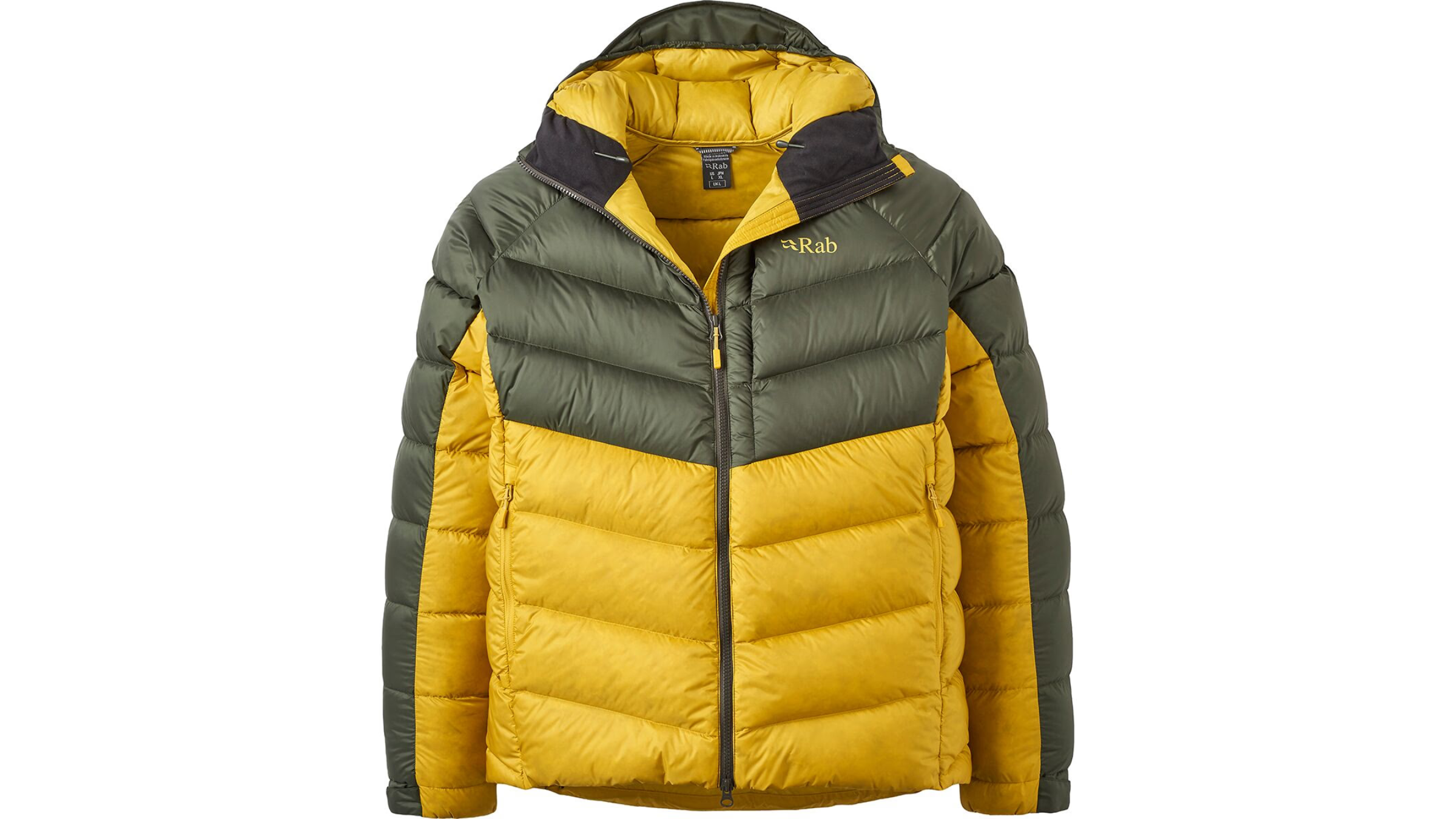 Rab Glaceon Pro Jacket in dark green/grey and mustard yellow, one of the best winter coats tested by Outside in 2026