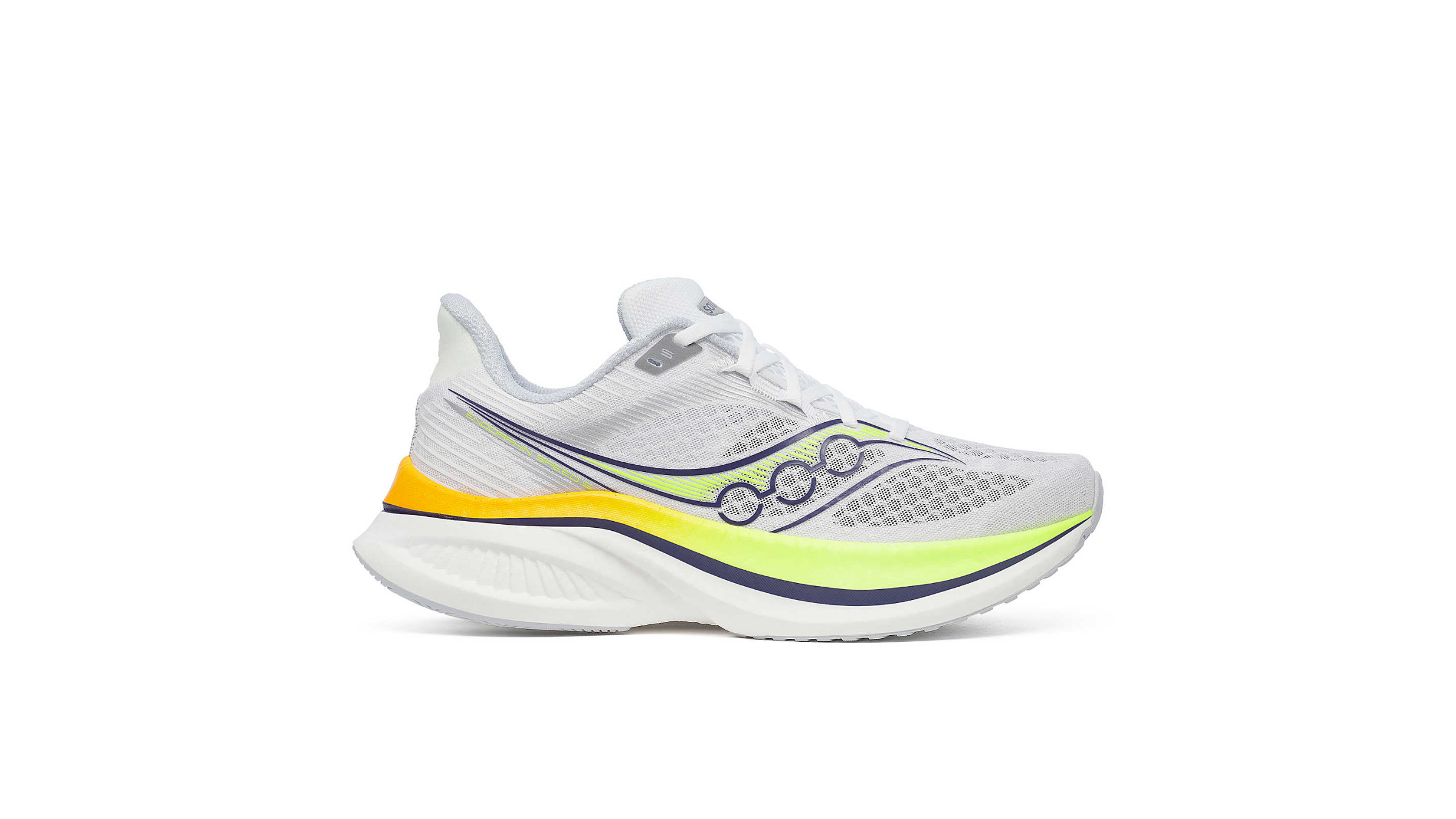 Saucony Endorphin Speed 5 running shoe in white, orange, and yellow colorways
