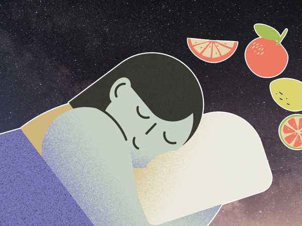 person asleep with a night sky background and fruits and veggies behind them