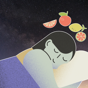 person asleep with a night sky background and fruits and veggies behind them