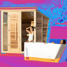 plunge sauna and cold tub in the desert on magenta and neon blue background