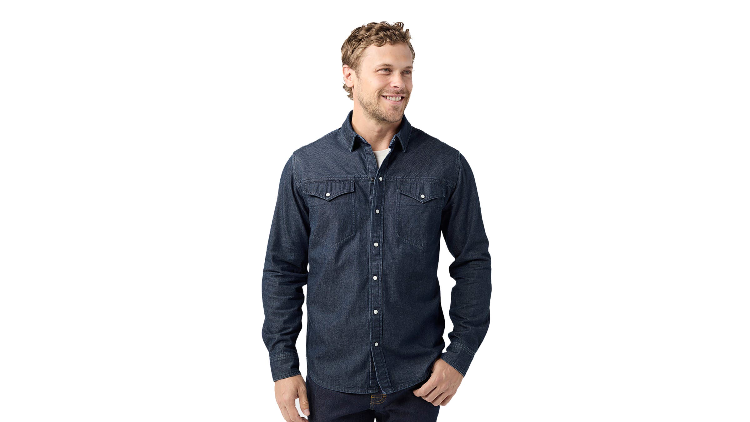 man wearing dark blue denim shirt