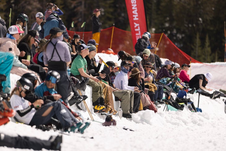 When it’s competition time, cat drivers carve out bleachers in the snow. Combined with Kirkwood’s amphitheater-like freeride venues, it makes for superb spectating. Shot from the 2025 IFSA Junior Championships.