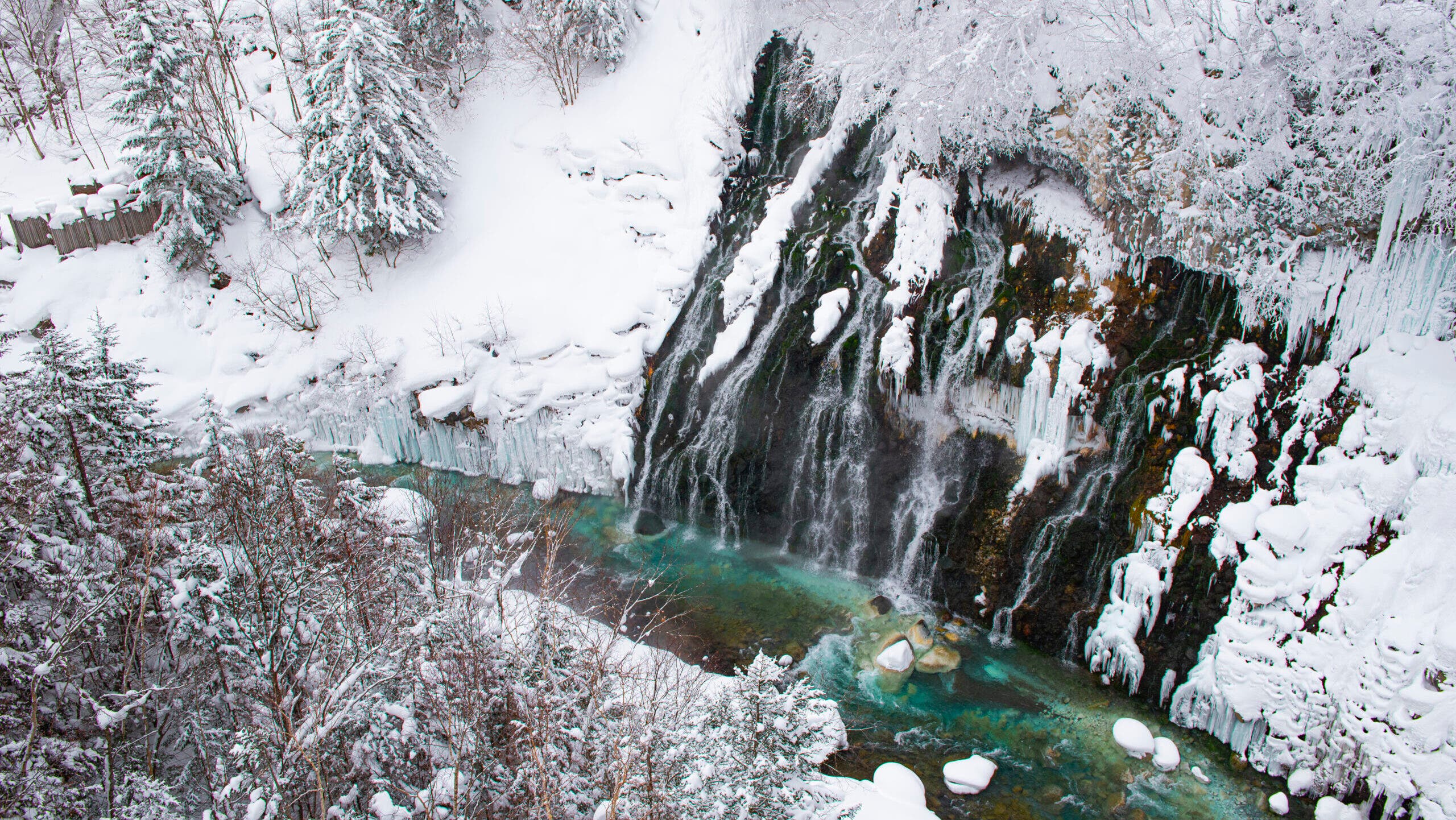 Shirahige waterfall in Winter at Bie Patchwork Road, Biei Town, Hokkaido,Japan