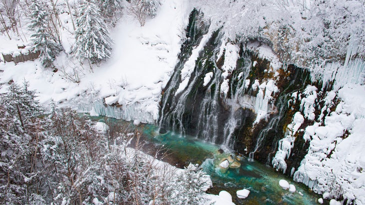 Shirahige waterfall in Winter at Bie Patchwork Road, Biei Town, Hokkaido,Japan