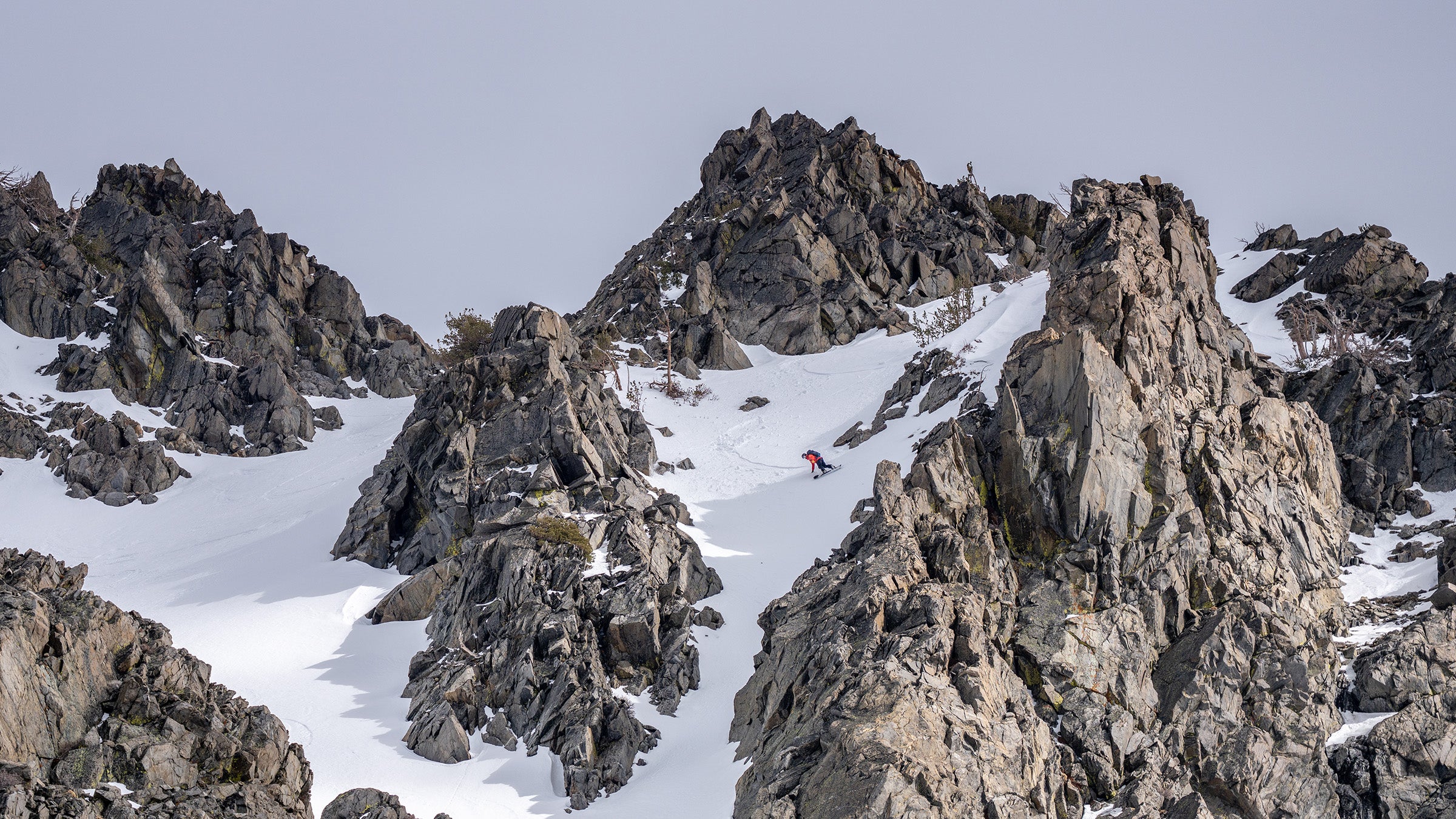 Snowboarder riding Kirkwood Resort's freeride terrain