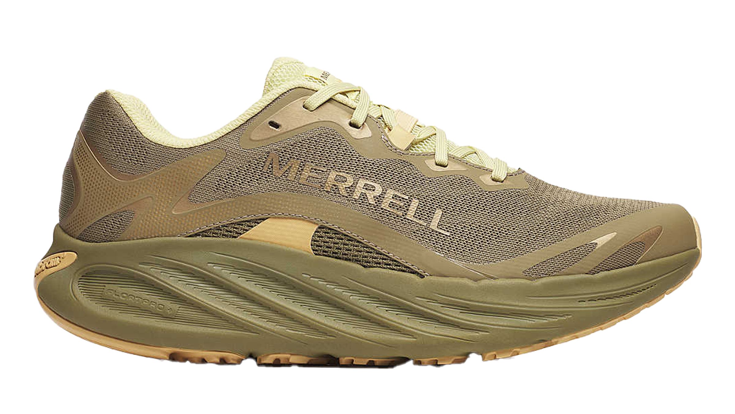 Merrell ProMorph running shoe green on white background