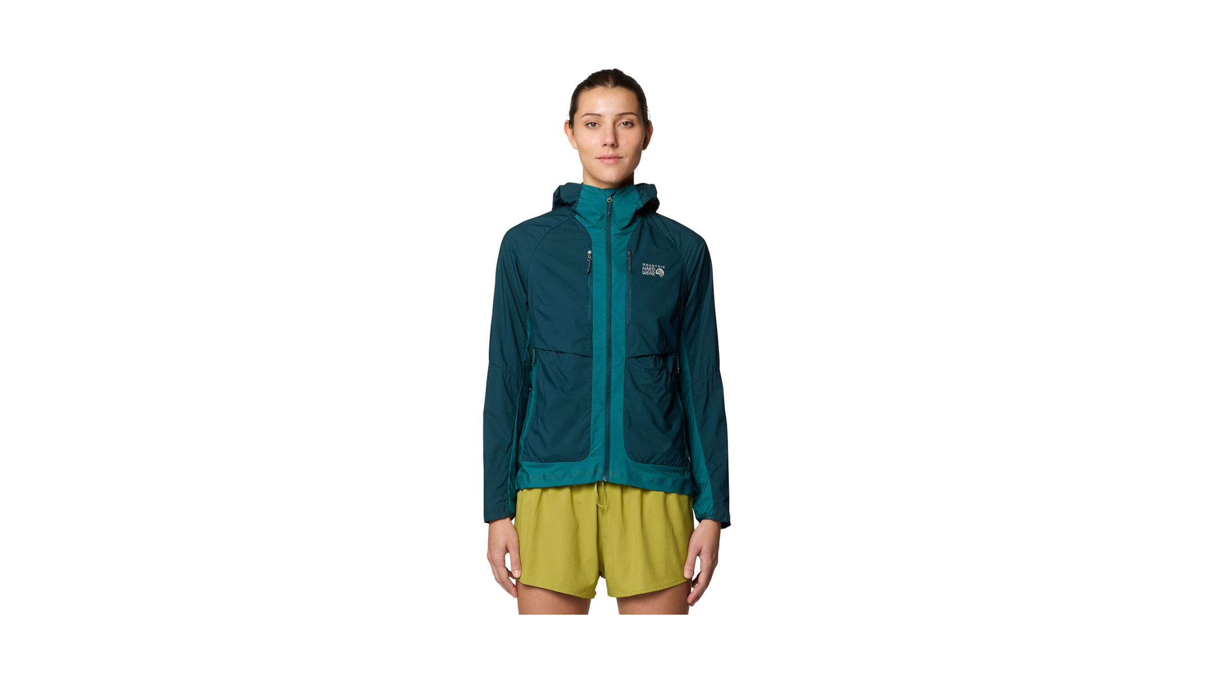 2026 Best Winter Running Jacket for Mild Climates as tested by Outside, the Mountain Hardwear Kor Airshield Hybrid. Shown on a female model in dark blue with a lighter blue trim
