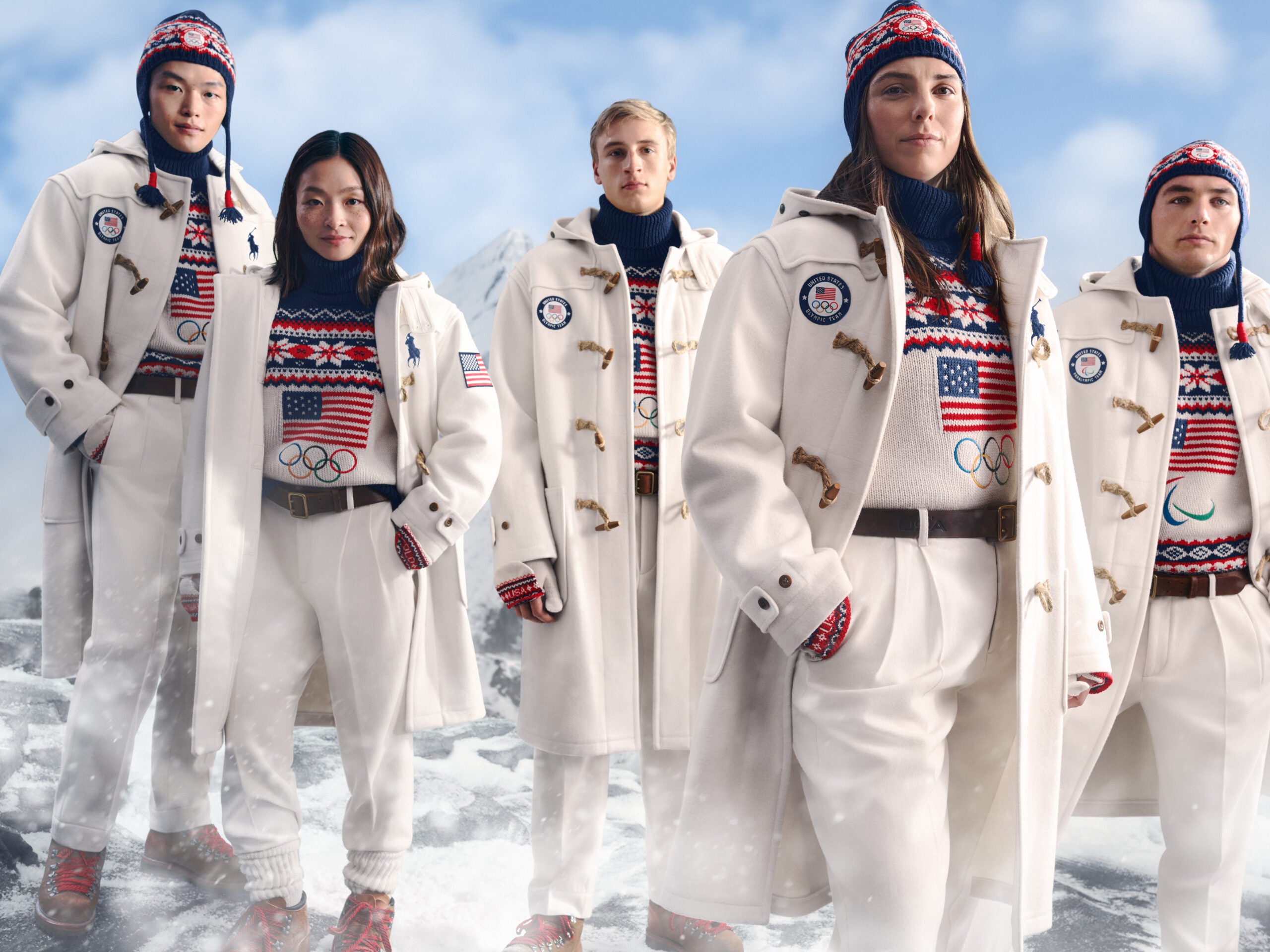Athletes Alex Shibutani, Maia Shibutani, Jordan Stolz, Hilary Knight, and Jack Wallace in the Ralph Lauren closing ceremony uniforms