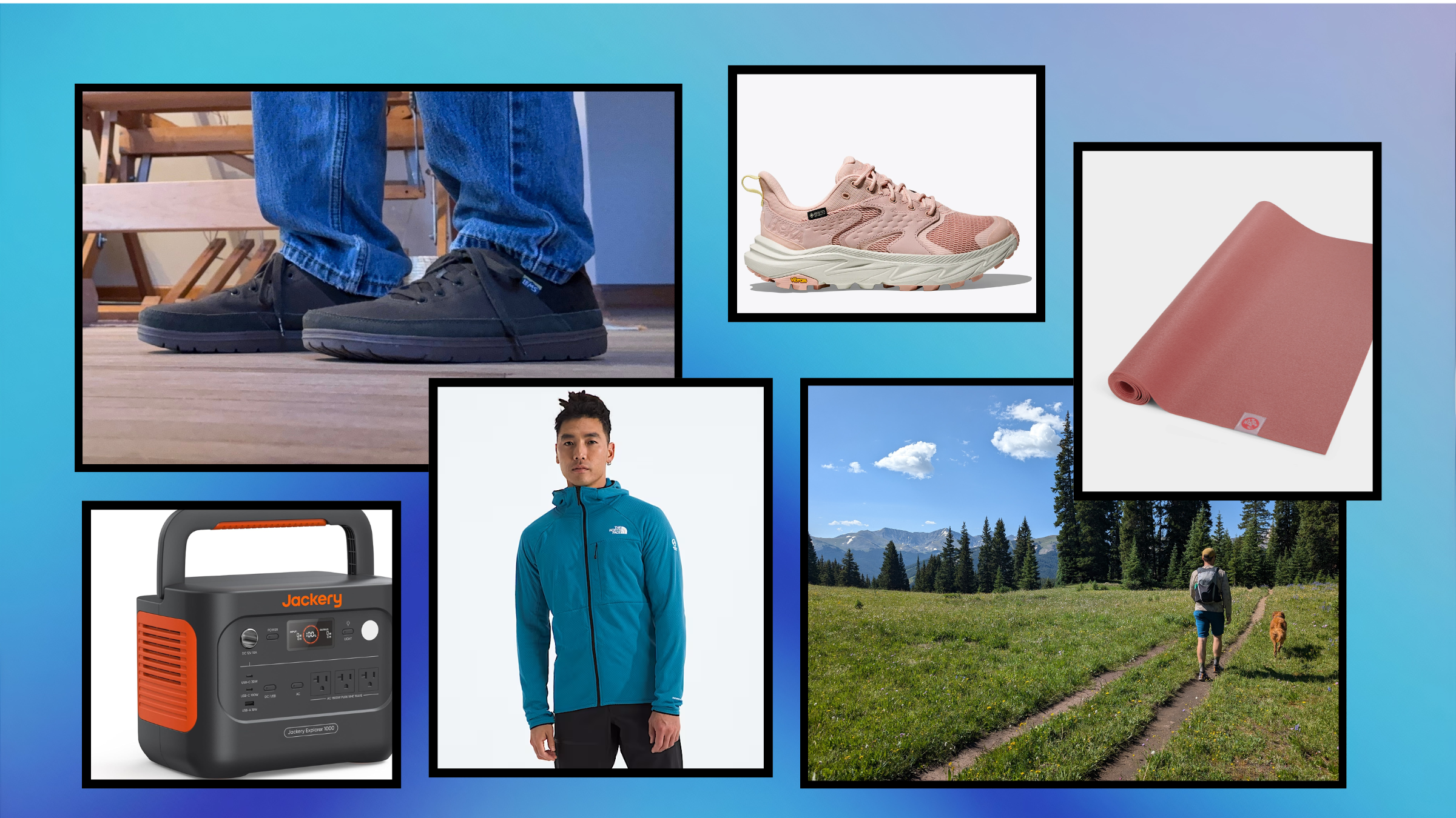 editor's favorite things december 2025, featuring lem's chillum shoes, a north face jacket, an external battery pack, and a lightweight daypack