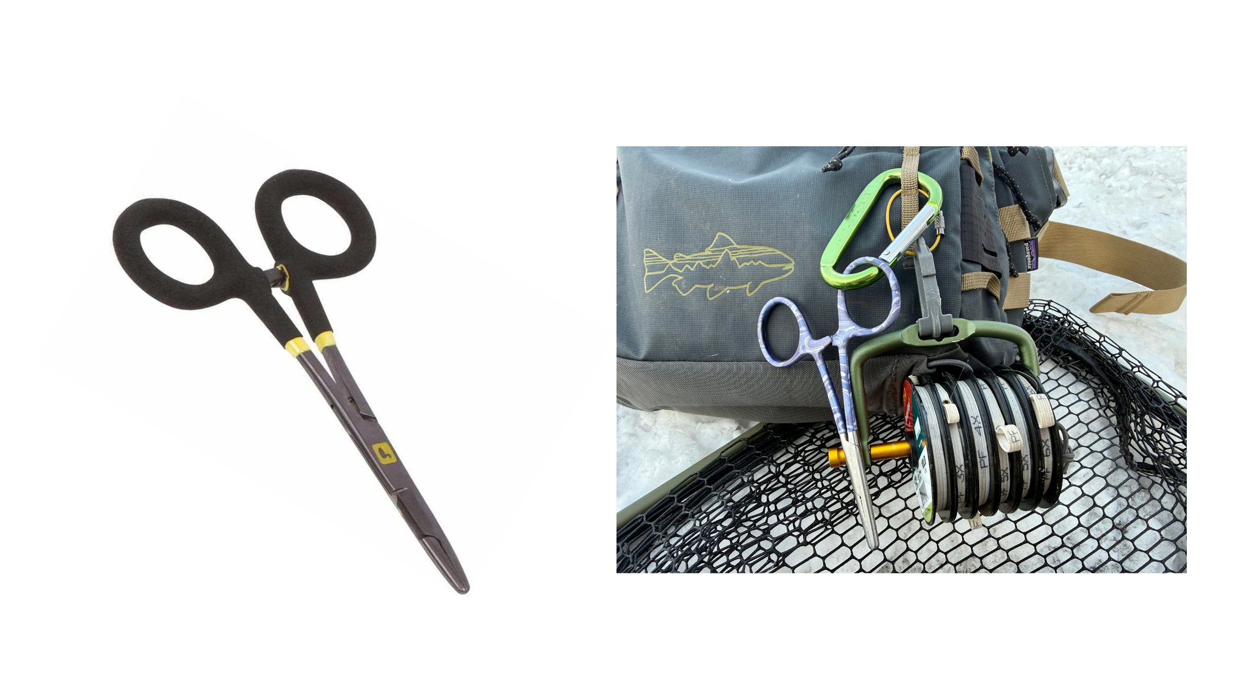 Close-up of fly fishing gear essentials including a patterned pair of forceps and a stacked tippet holder attached to a Patagonia lumbar pack, resting on a rubber landing net in the snow.