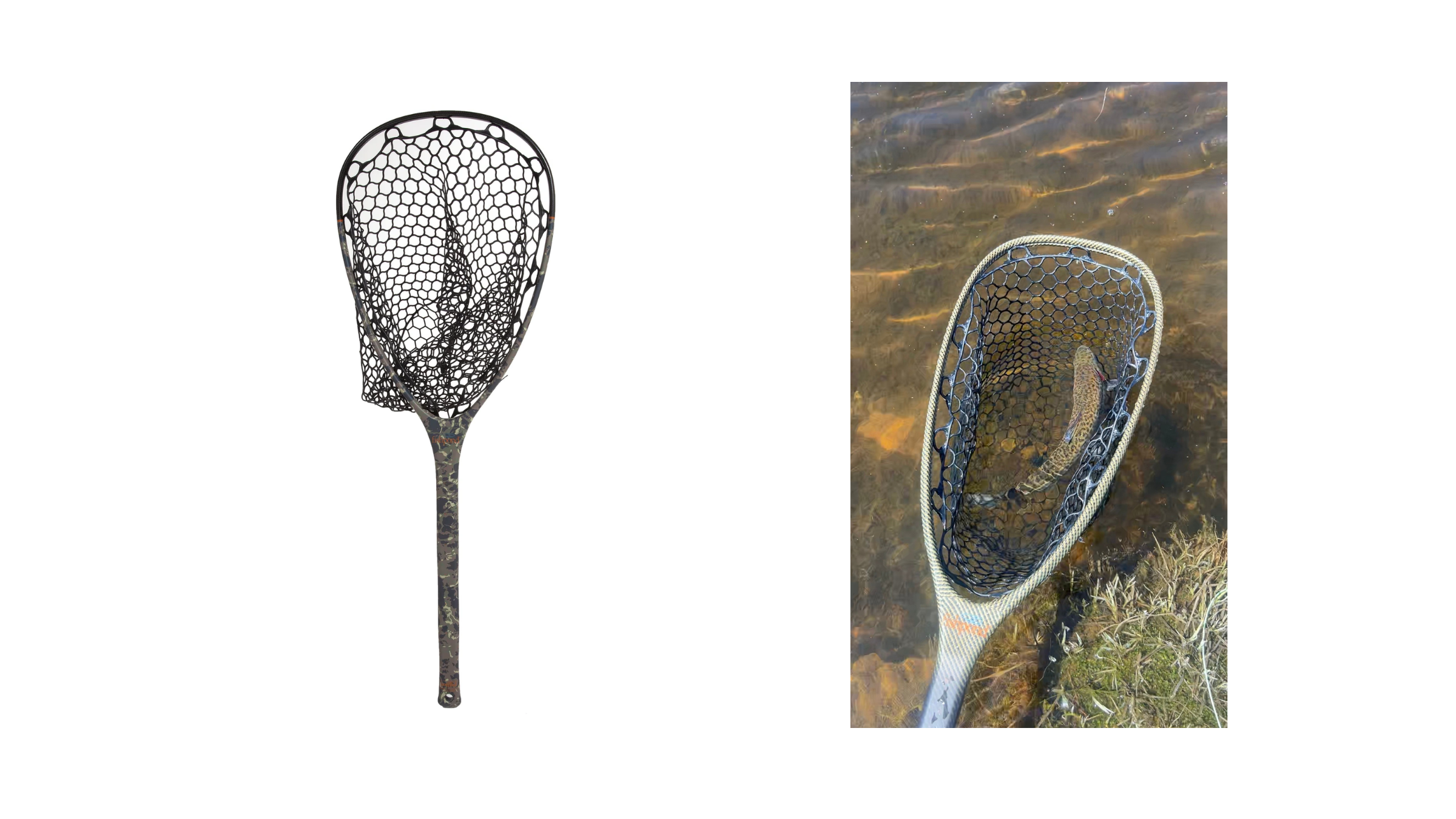 A trout resting in a Fishpond rubber landing net partially submerged in a clear river, showcasing gear designed for safe fish handling and catch and release.