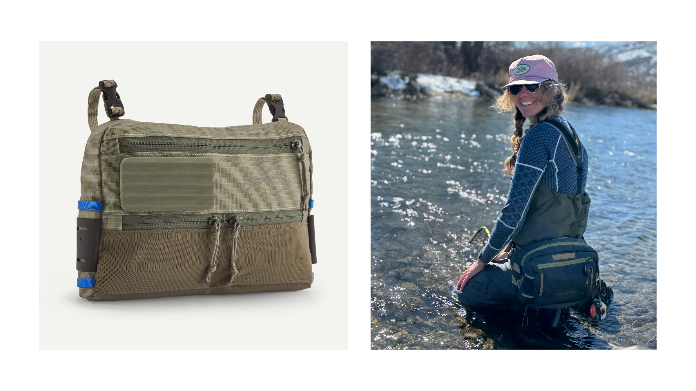 A smiling angler kneels in a clear, sunlit river wearing a compact 3-liter Patagonia fishing pack that holds only the essentials—like tippet and flies—to ensure a lightweight, less chaotic experience that stays out of the way while casting.