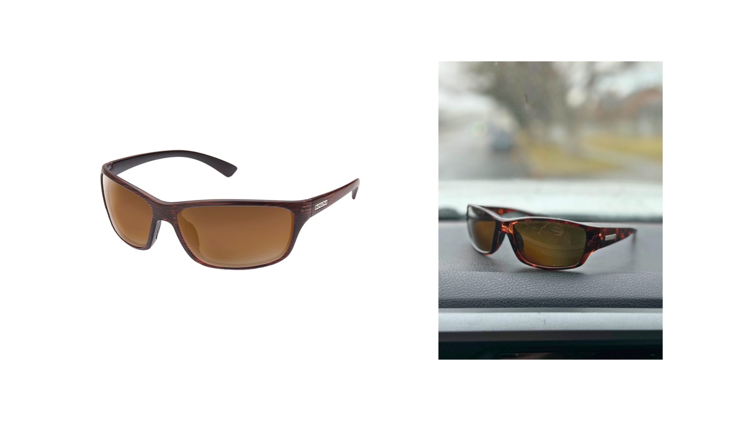 A pair of tortoiseshell polarized sunglasses with brown lenses resting on a vehicle's dashboard, next to a product shot of the same Suncloud sunglasses against a white background.
