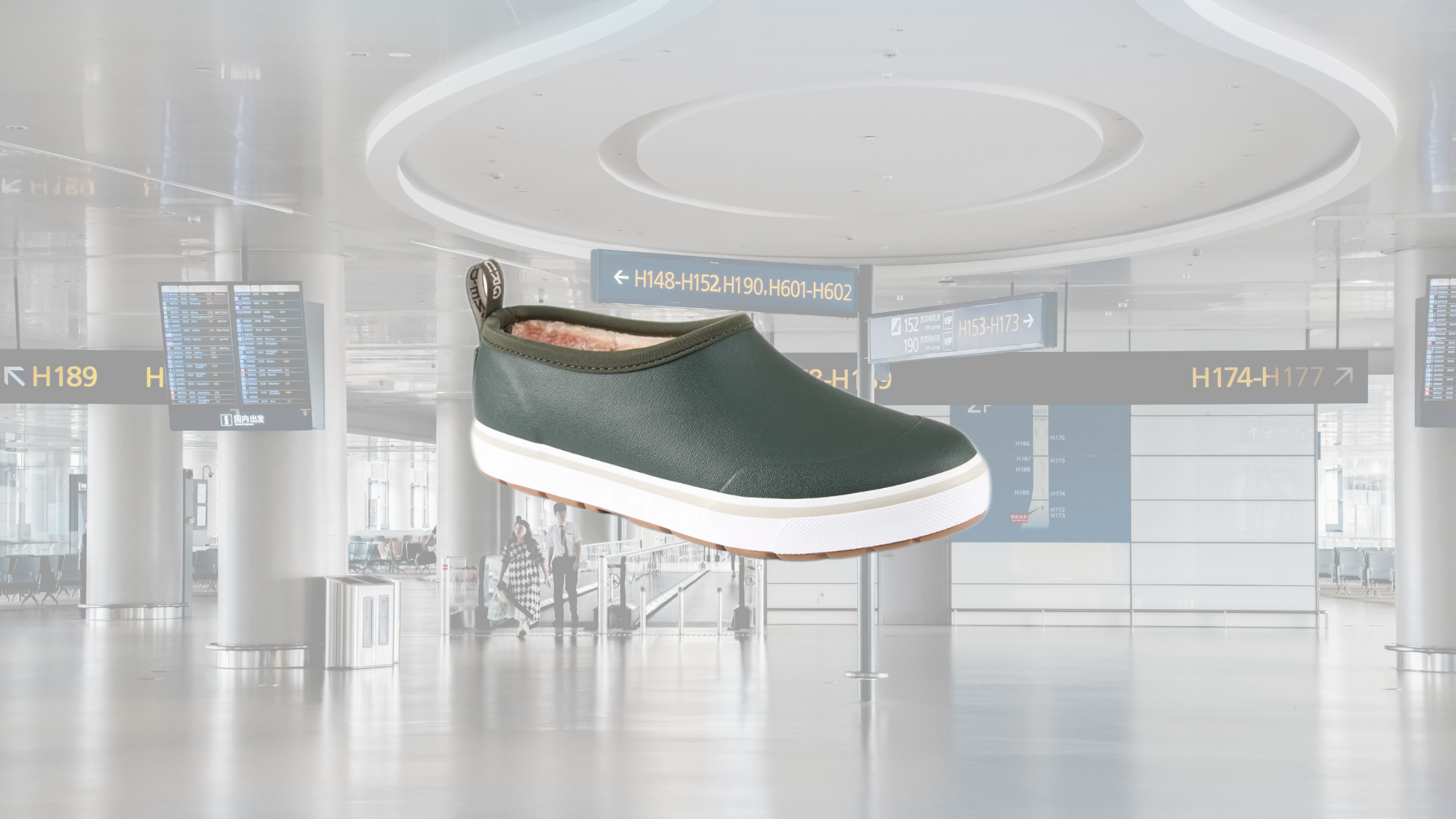 A Grundéns Deck Boss Shorty Sherpa boot in forest green featuring a white midsole and warm fleece lining, superimposed over a blurred background of a modern airport terminal.
