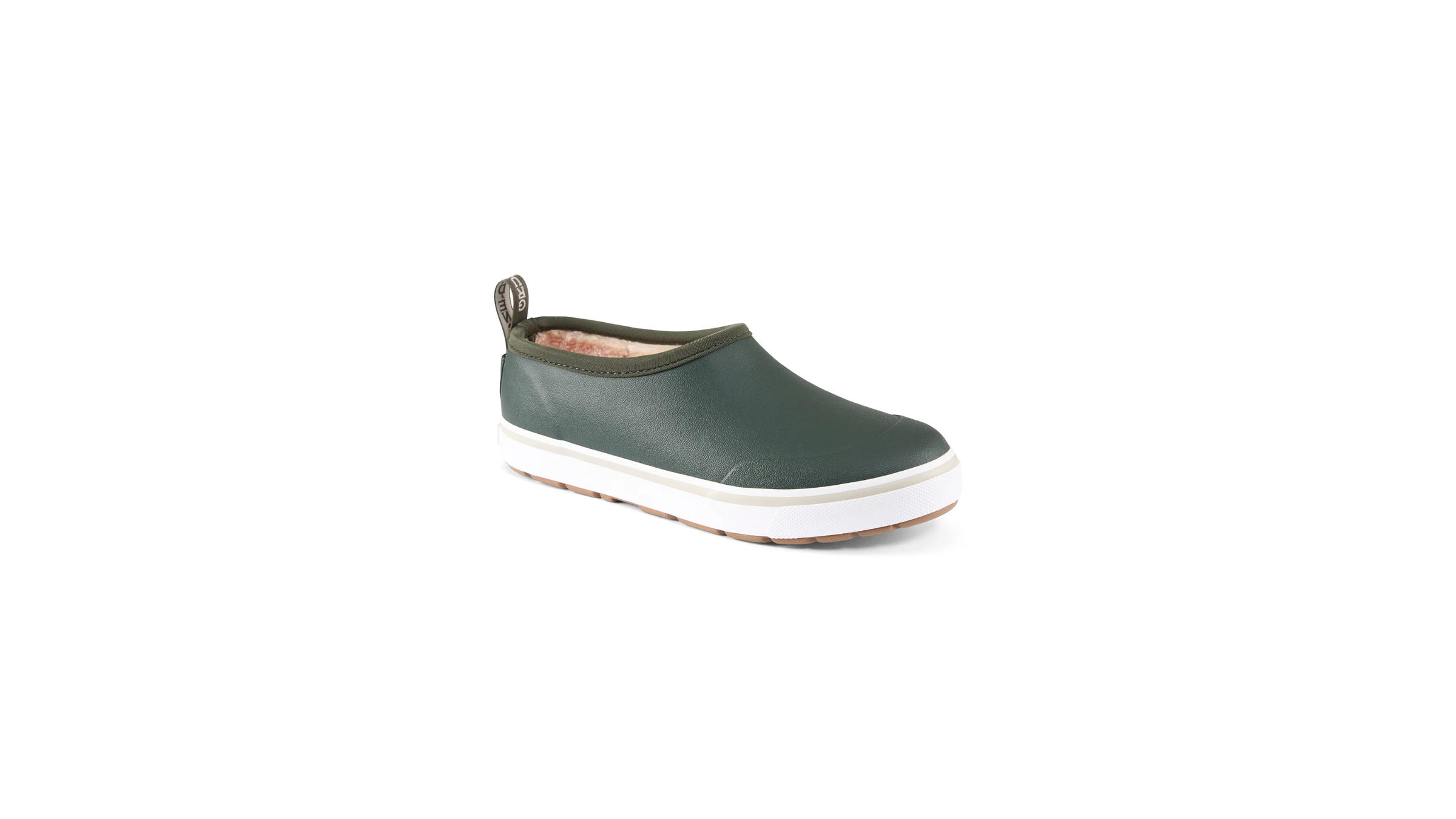 The Grundens Deck-Boss Shorty Sherpa is a waterproof, slip-on ankle boot featuring a dark green rubber exterior and a warm fleece lining, making it a contender for the best airport shoe for travelers heading to cold or wet climates.