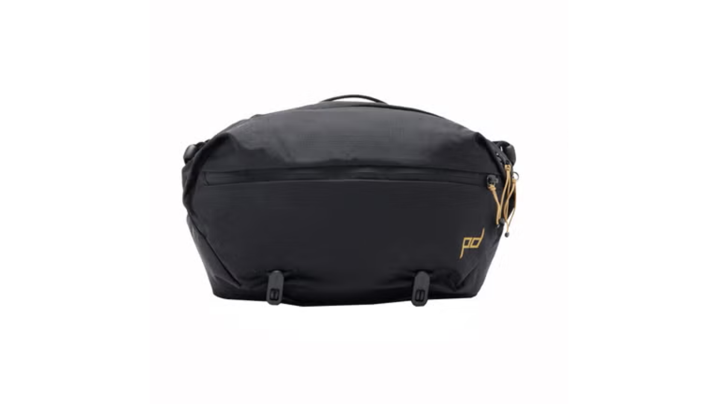 A front view of a black Peak Design sling camera bag showing its sleek, weather-resistant nylon shell and minimalist design. The image highlights the gold PD logo and the durable zippers used for quick access to camera gear.