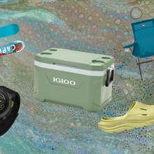A collection of top-rated outdoor products for the best gear 2025 Outside readers choice awards, including a sage green Igloo cooler, a Garmin Enduro smartwatch, a turquoise Big Agnes camp chair, a lime green Hoka recovery slide, and two Capita snowboards, all arranged over a colorful, abstract bubble-patterned background.