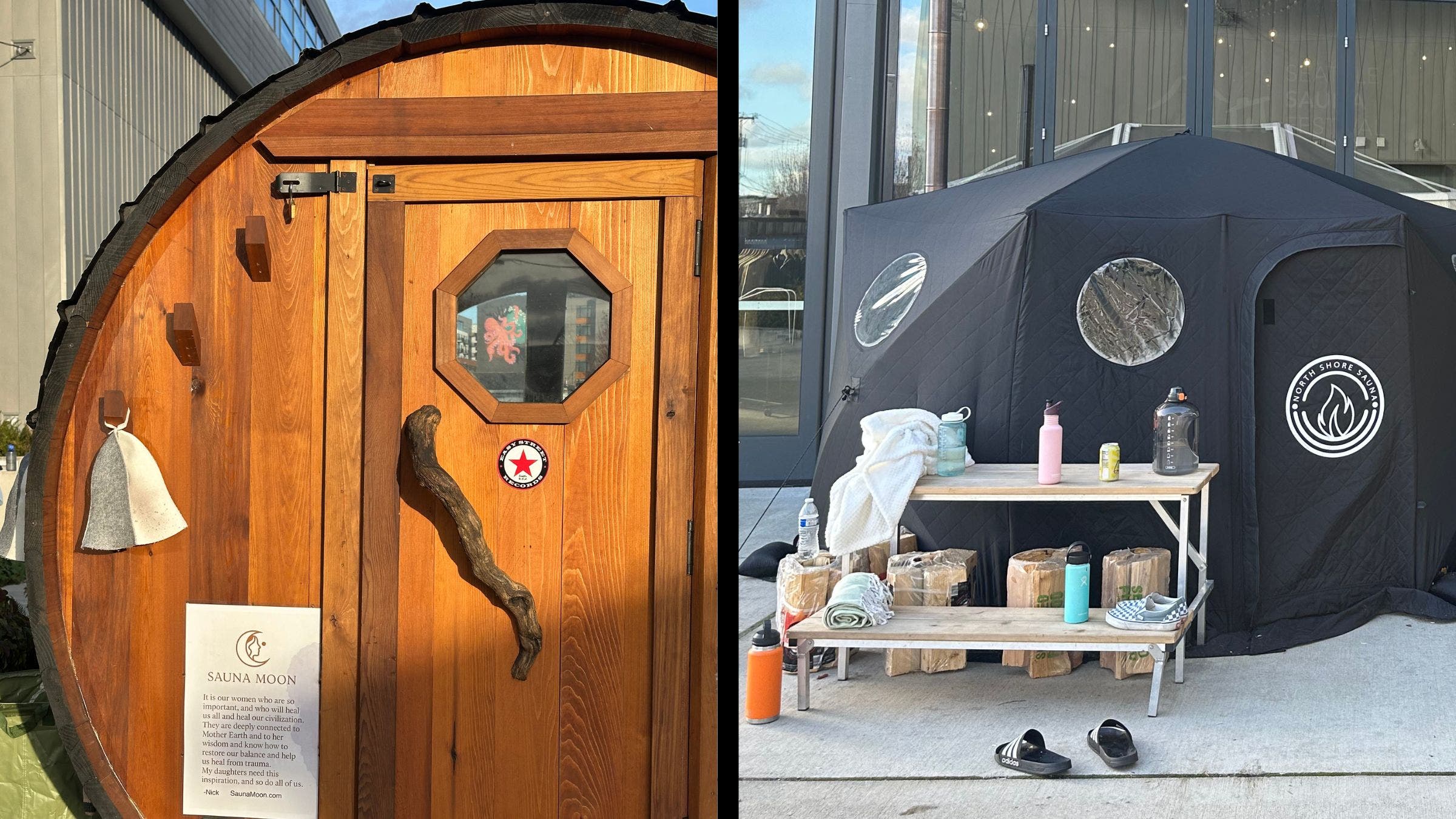 Barrel sauna (left); North Shore sauna tent (right)