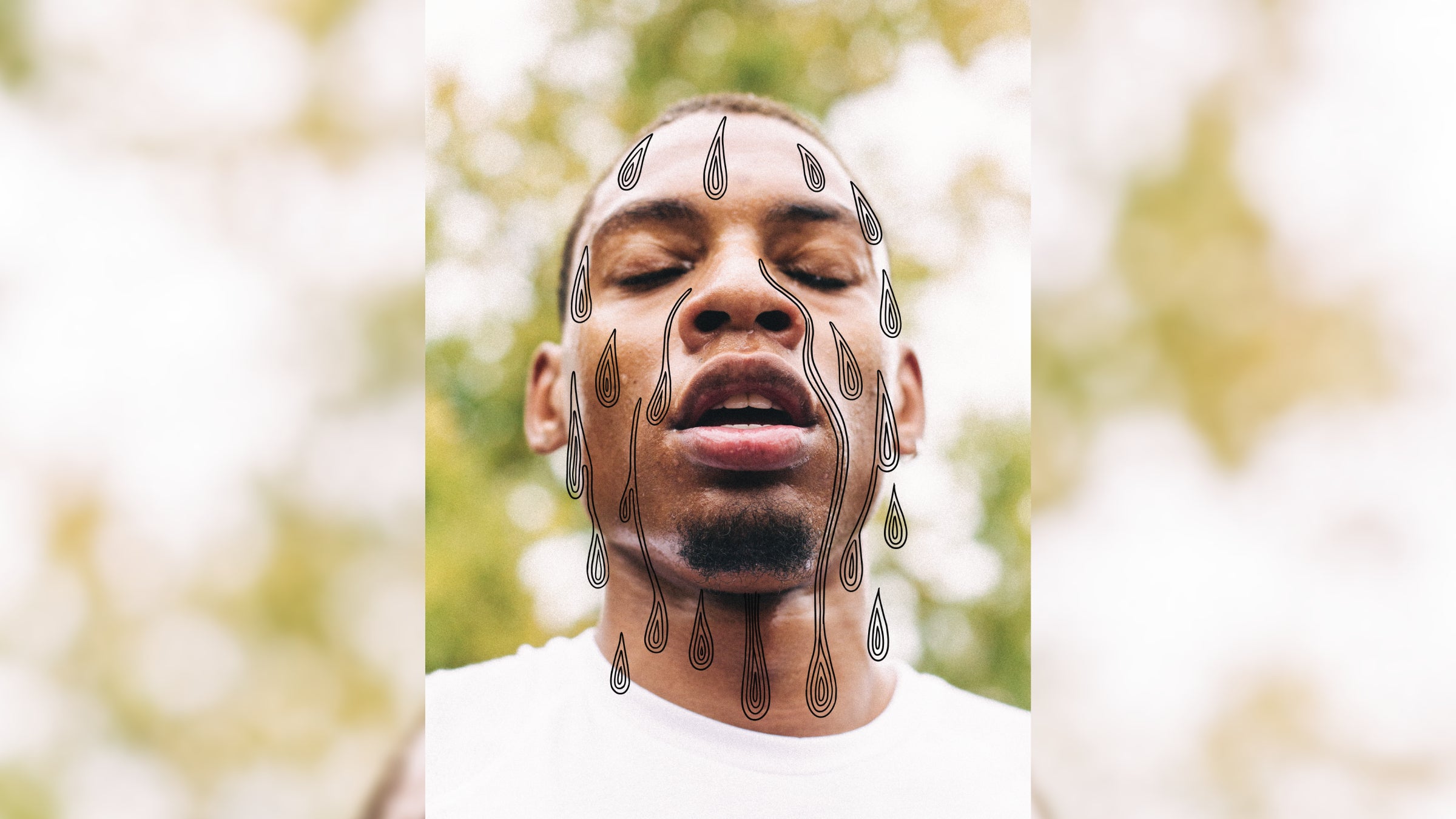 Athlete's face with illustrated sweat dripping down.