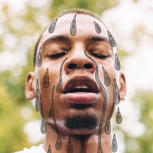 Athlete's face with illustrated sweat dripping down.