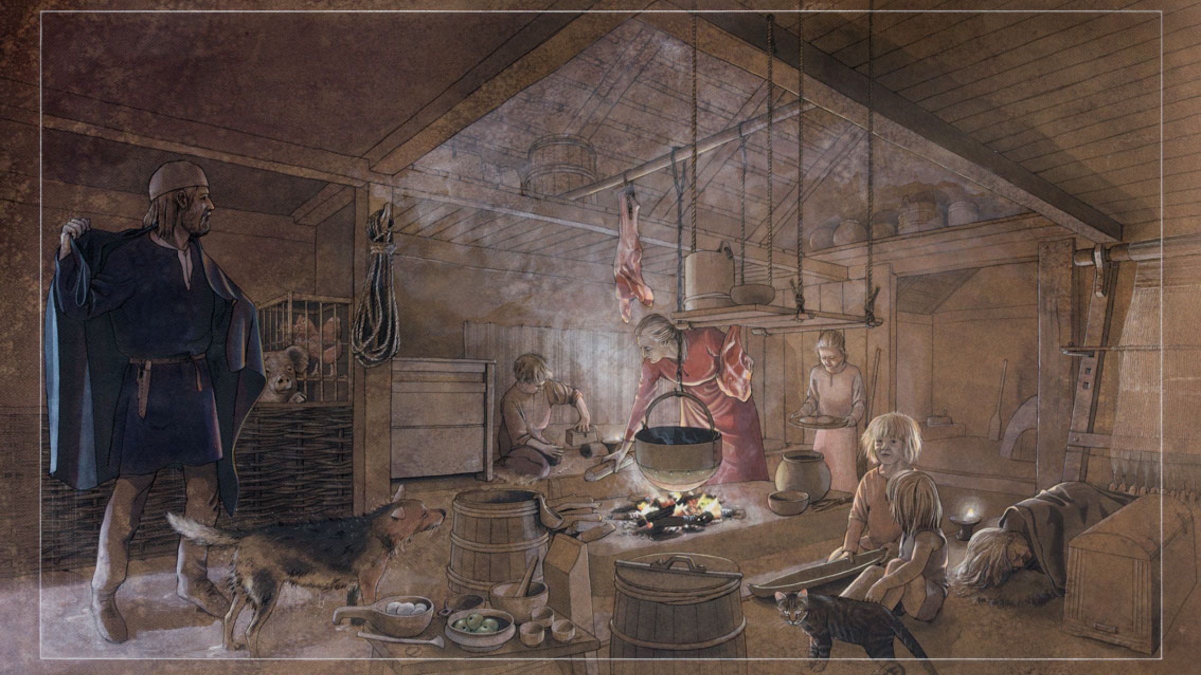 Drawn reconstruction of the interior of a building in Haithabu. Source: Flemming Bau, Schietzel 2022: 278-9.