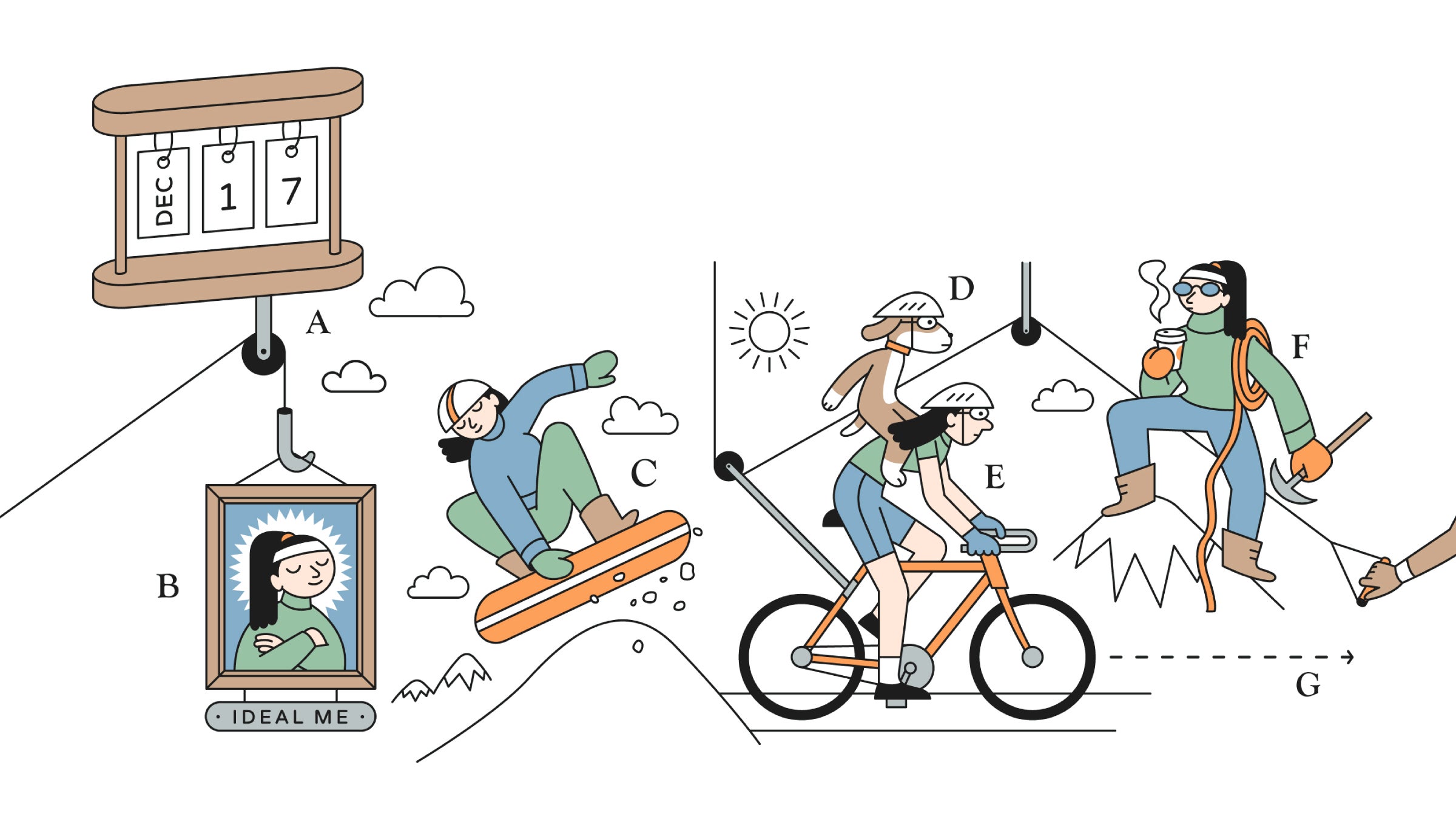 Abstract illustration of a woman snowboarding, biking, and mountaineering.