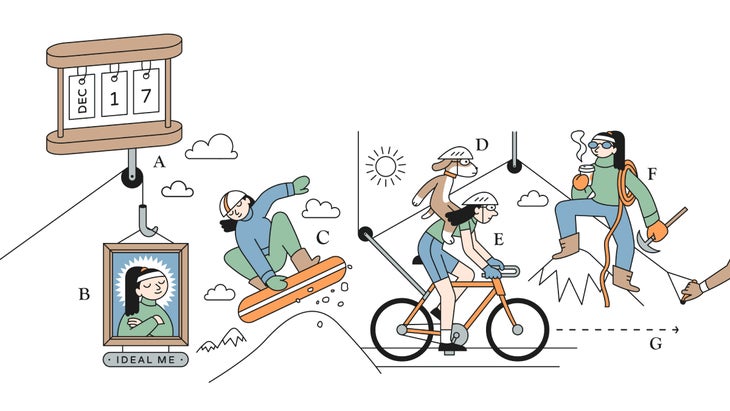 Abstract illustration of a woman snowboarding, biking, and mountaineering.