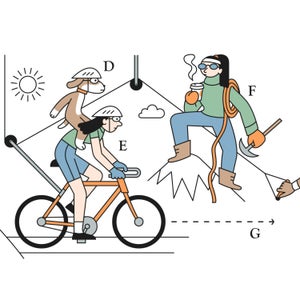 Abstract illustration of a woman snowboarding, biking, and mountaineering.