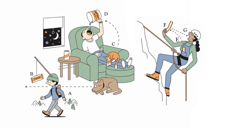 Abstract illustration of various people eating junk food.