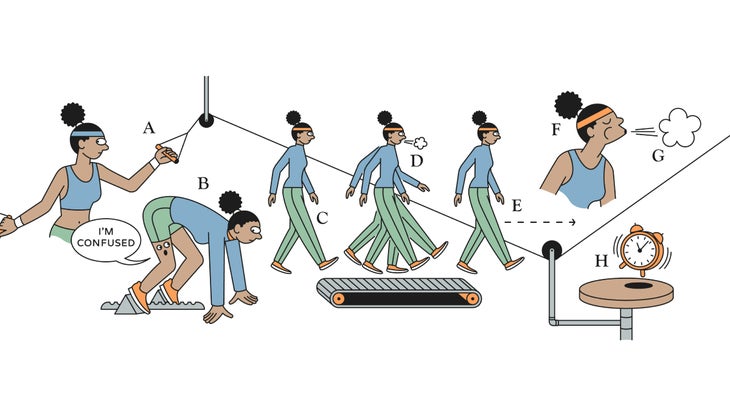 Abstract illustration of the same woman working out in various ways.