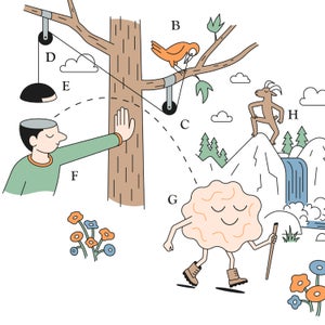Abstract illustration of a brain taking a nature hike.